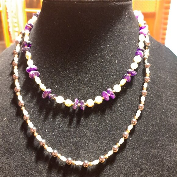 Amethyst, hematite, and pearl Necklace set 16" and 20" - Picture 2 of 4
